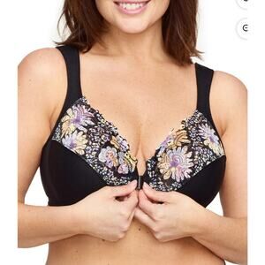Women's Full Figure Plus Size Wonderwire Front Close Bra 34G  Floral Print Black